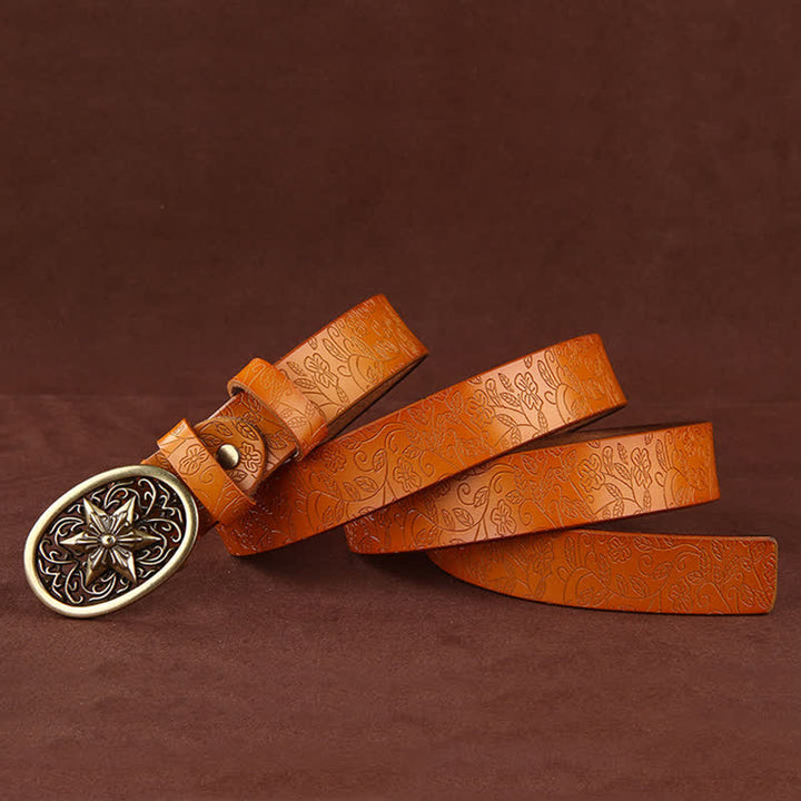 Women's Flower Embossing Five-Pointed Star Buckle Leather Belt - image 14