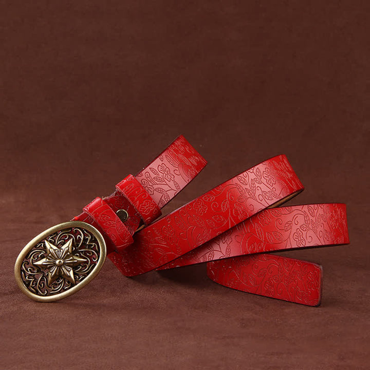Women's Flower Embossing Five-Pointed Star Buckle Leather Belt - image 11