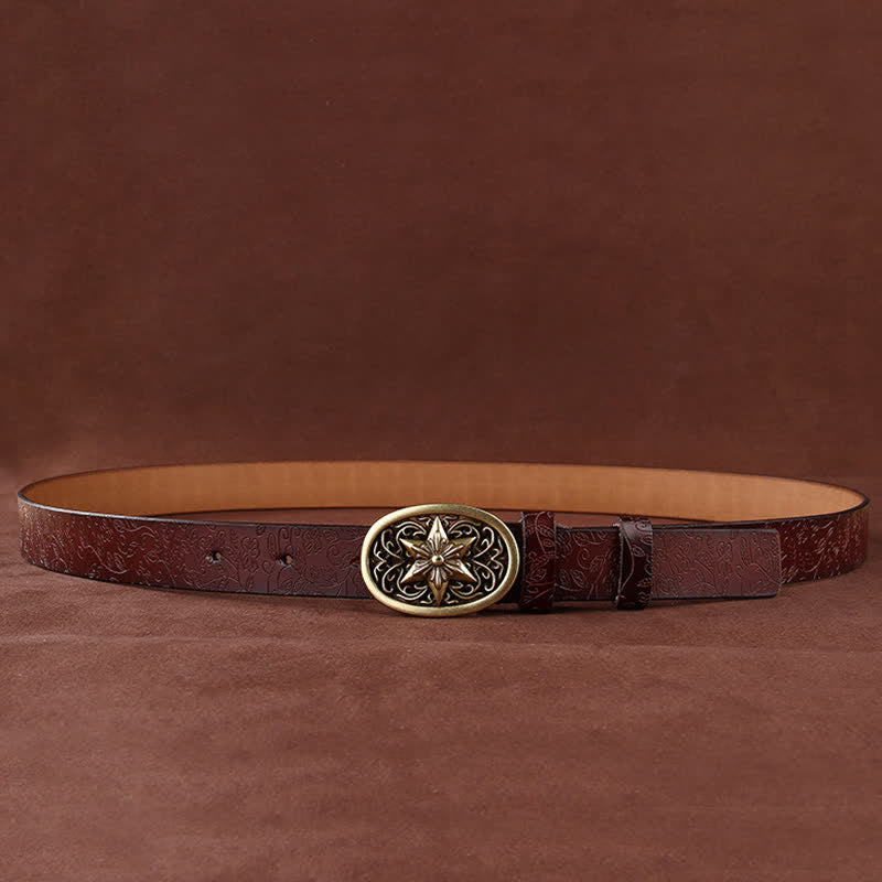 Women's Flower Embossing Five-Pointed Star Buckle Leather Belt - image 1
