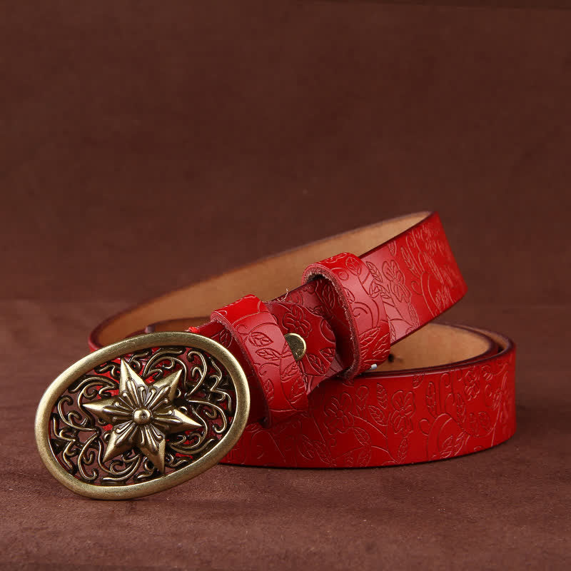 Women's Flower Embossing Five-Pointed Star Buckle Leather Belt - image 10