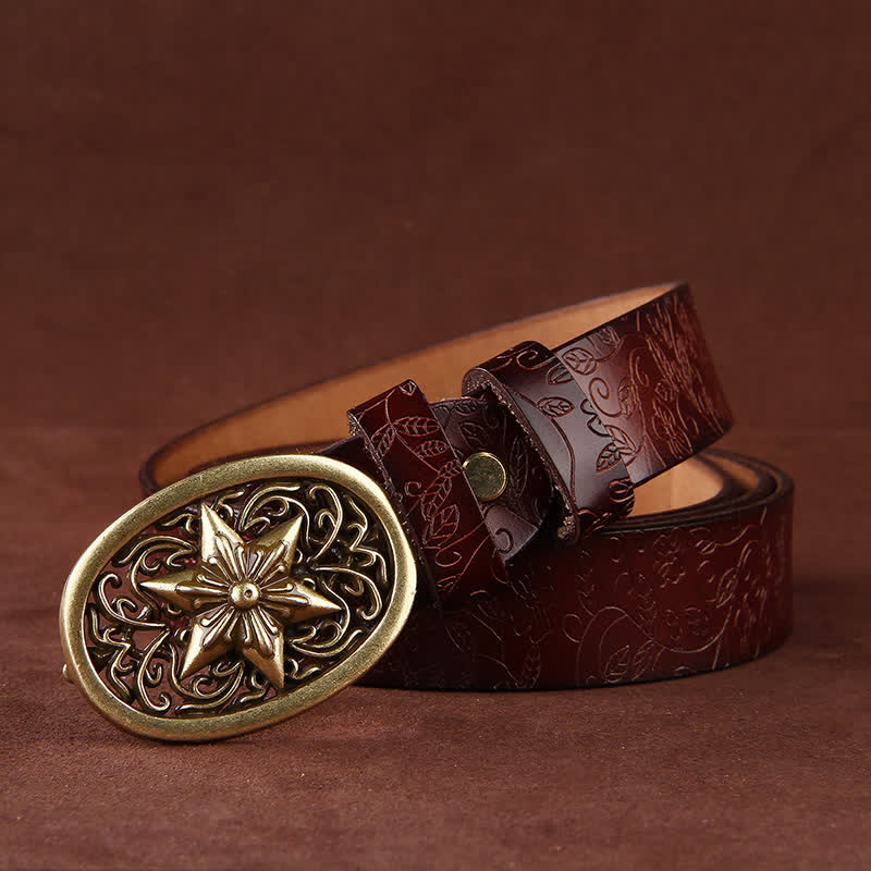 Women's Flower Embossing Five-Pointed Star Buckle Leather Belt - image 1