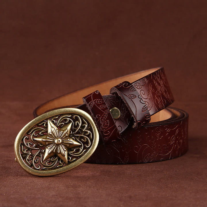 Women's Flower Embossing Five-Pointed Star Buckle Leather Belt - image 1