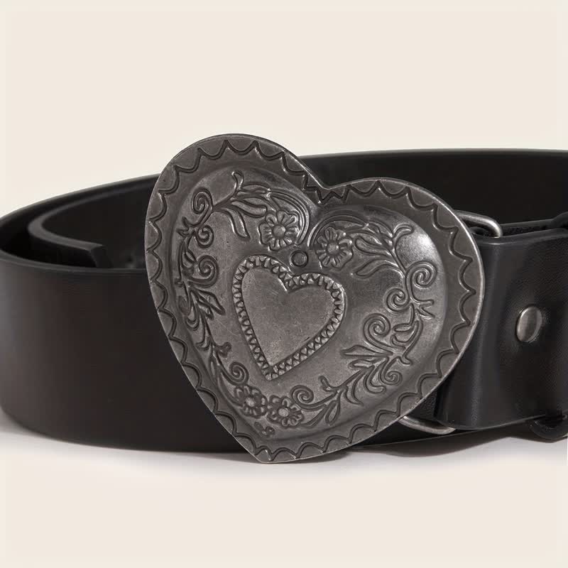 Women's Heart Shape Floral Engraved Leather Belt - image 2