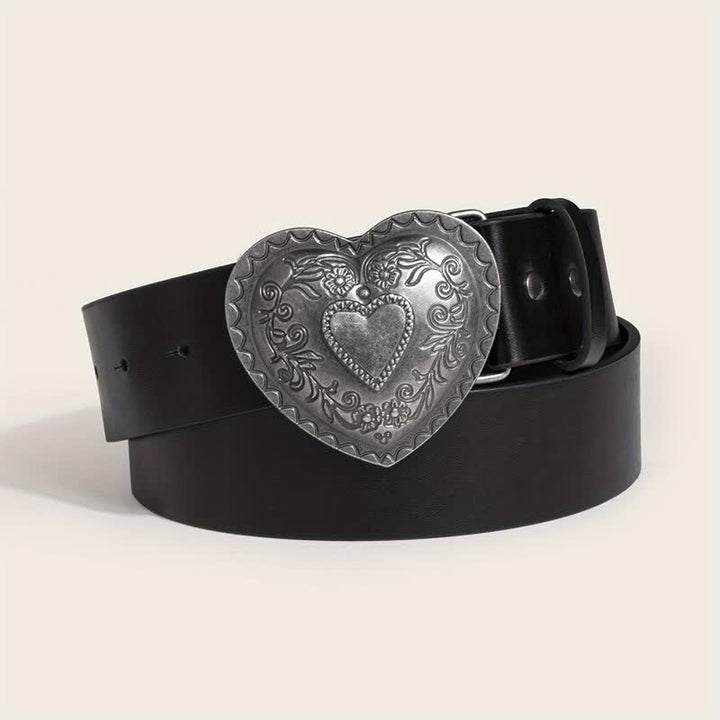Women's Heart Shape Floral Engraved Leather Belt - Black - 32 - image 0