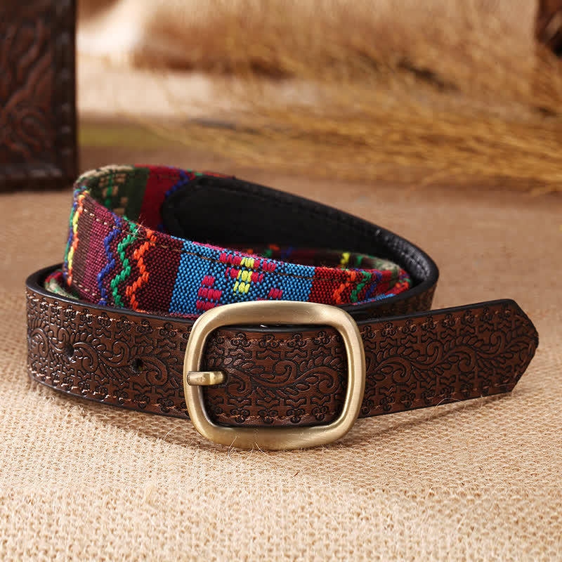 Women's Charming Aztec Embroidery Ethnic Leather Belt - Brown - 34 - image 0