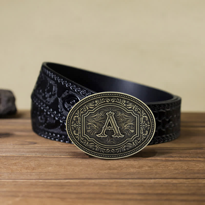 Men's DIY Initial Letter Patterned Buckle Leather Belt - Letter A - Black Carved Belt (40) - image 9