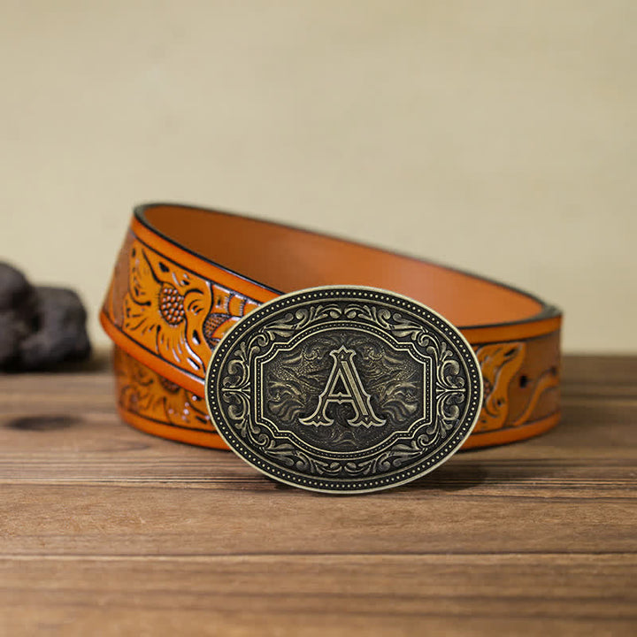 Men's DIY Initial Letter Patterned Buckle Leather Belt - Letter A - Orange Carved Belt (40) - image 15