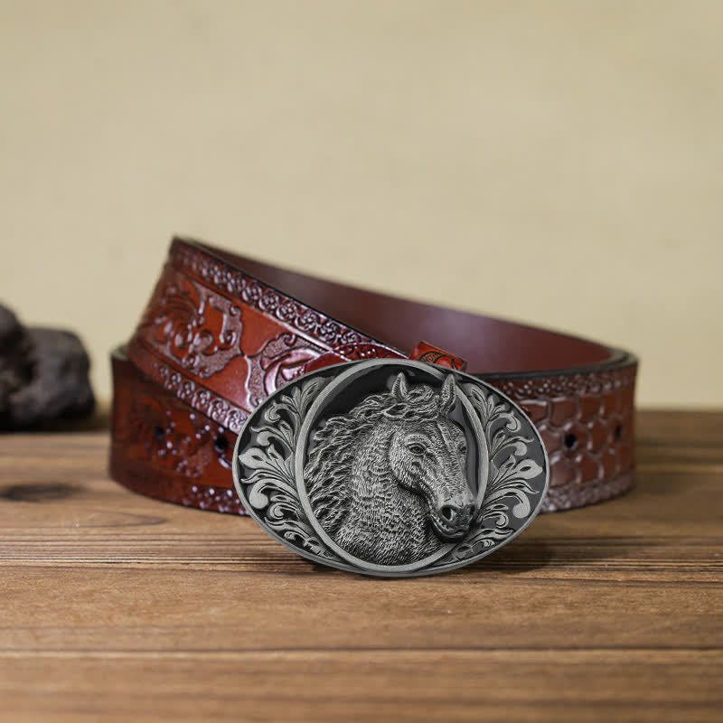 Men's DIY Horse Head Buckle Leather Belt - Horse Head - Brown Carved Belt (40) - image 18