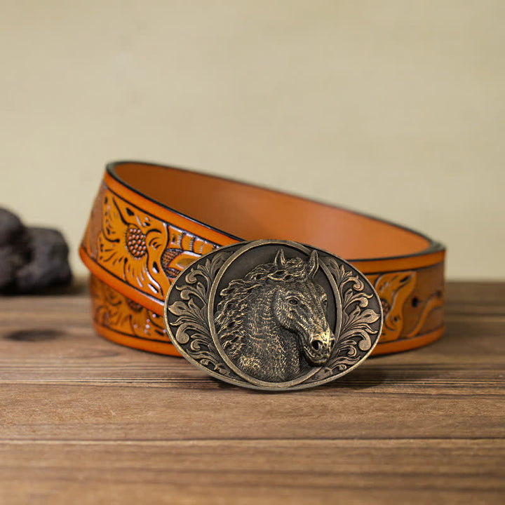 Men's DIY Horse Head Buckle Leather Belt - Antique Bronze - Orange Carved Belt (40) - image 26