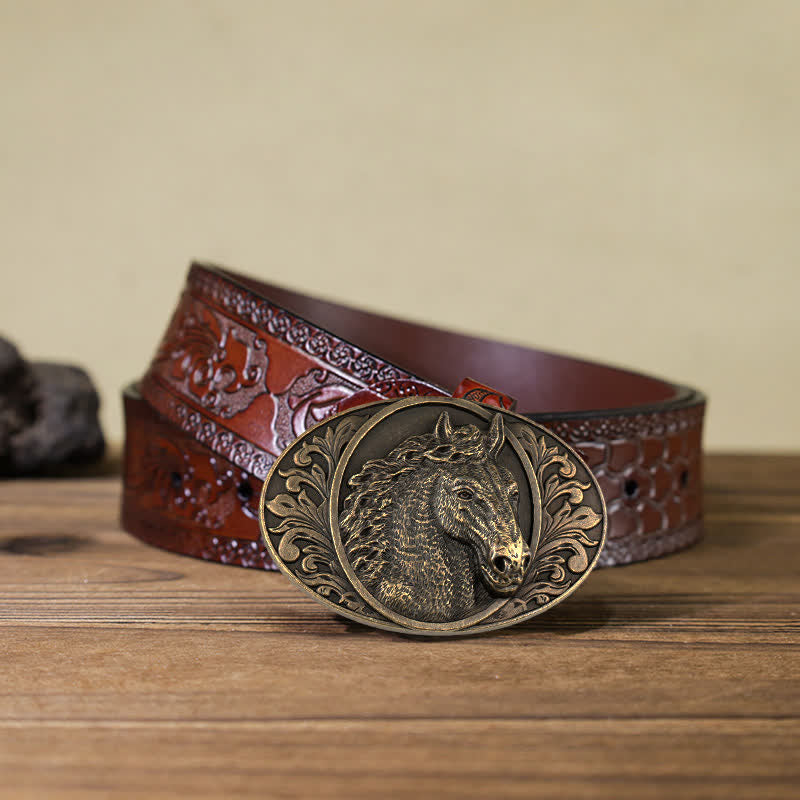Men's DIY Horse Head Buckle Leather Belt - Antique Bronze - Brown Carved Belt (40) - image 19