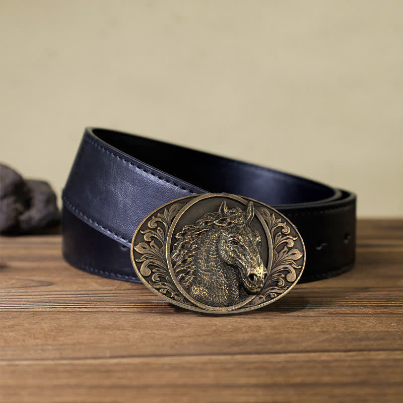 Men's DIY Horse Head Buckle Leather Belt - Antique Bronze - Black PU Belt (40) - image 7