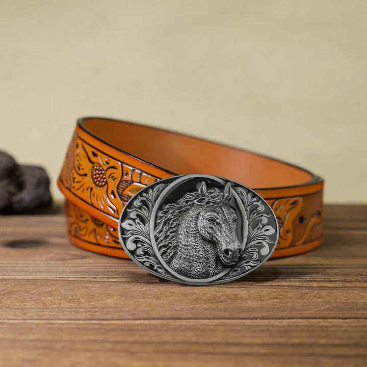 Men's DIY Horse Head Buckle Leather Belt - Horse Head - Orange Carved Belt (40) - image 25