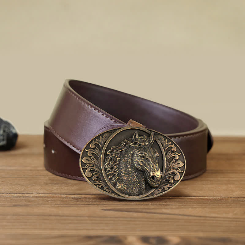 Men's DIY Horse Head Buckle Leather Belt - Antique Bronze - Brown PU Belt (40) - image 13