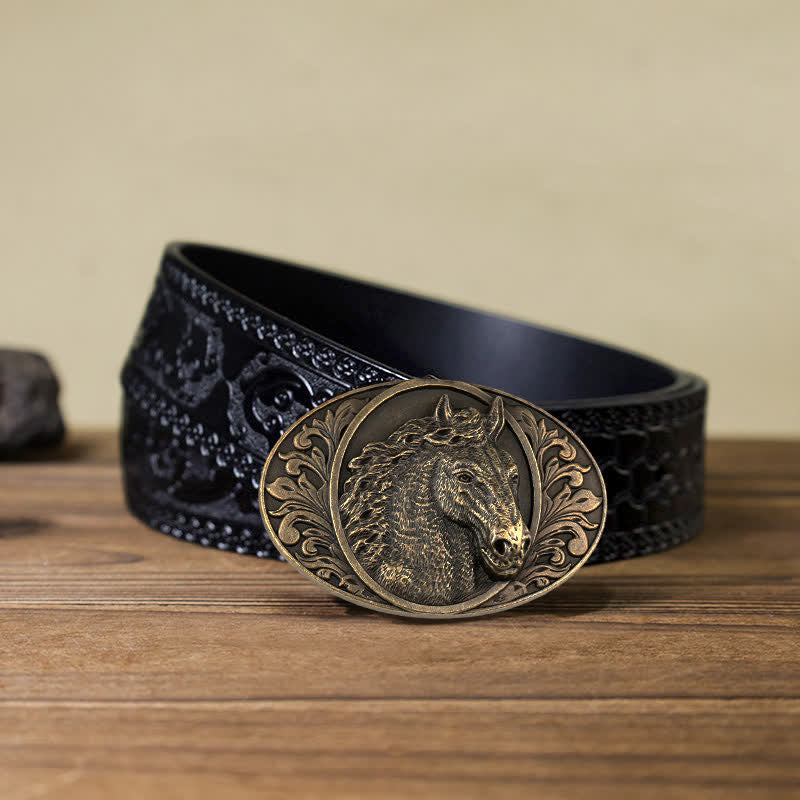 Men's DIY Horse Head Buckle Leather Belt - Antique Bronze - Black Carved Belt (40) - image 16