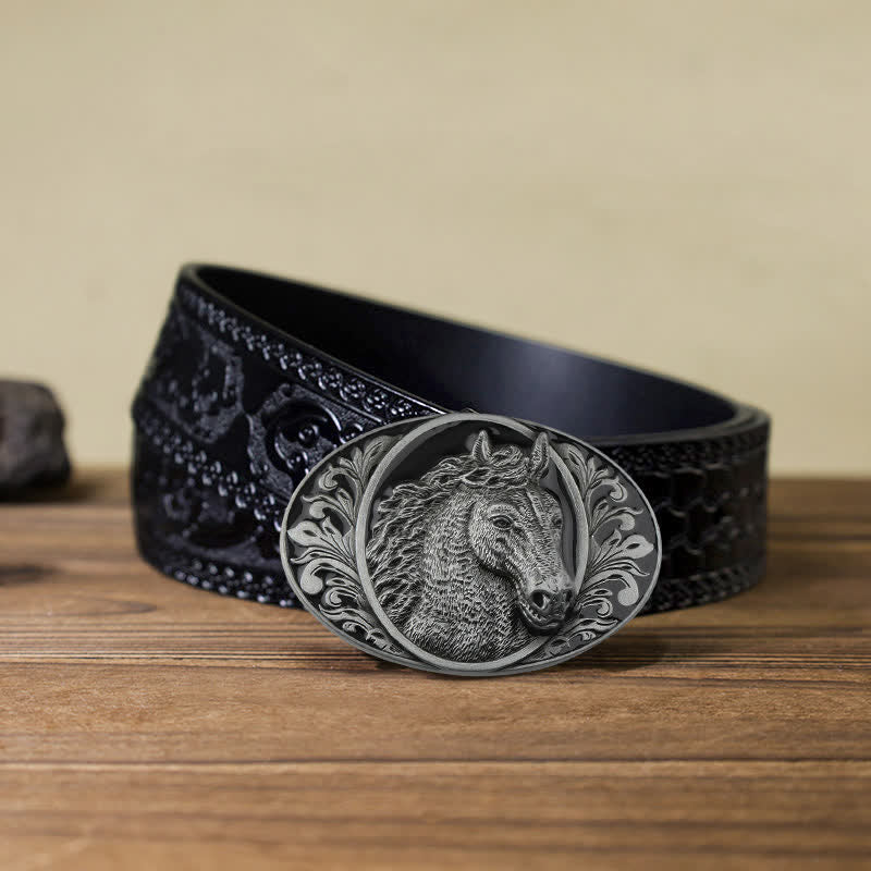 Men's DIY Horse Head Buckle Leather Belt - Horse Head - Black Carved Belt (40) - image 15