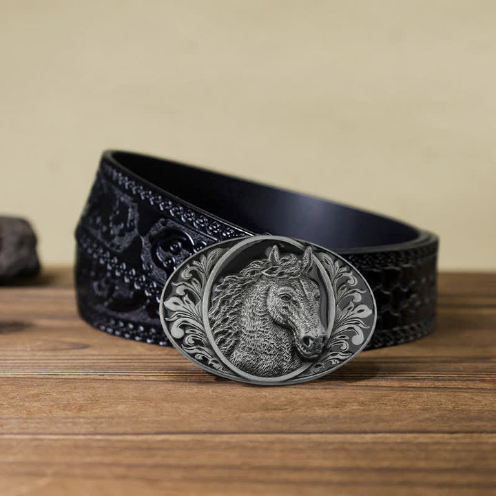 Men's DIY Horse Head Buckle Leather Belt - Horse Head - Black Carved Belt (40) - image 15