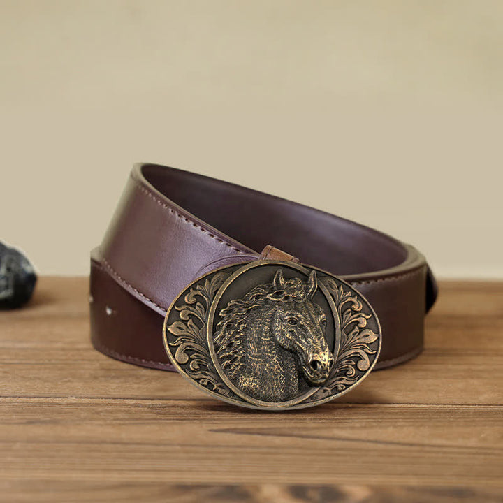 Men's DIY Horse Head Buckle Leather Belt - Antique Bronze - Brown PU Belt (40) - image 13