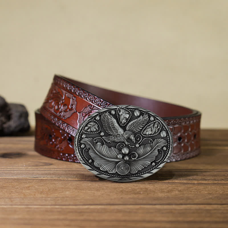 Men's DIY Horse Eagle Embossed Buckle Leather Belt - Eagle & Leaves - Brown Carved Belt (40) - image 19