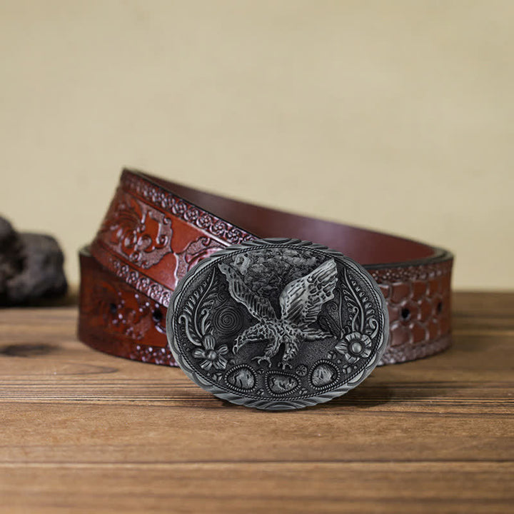 Men's DIY Horse Eagle Embossed Buckle Leather Belt - Eagle - Brown Carved Belt (40) - image 18