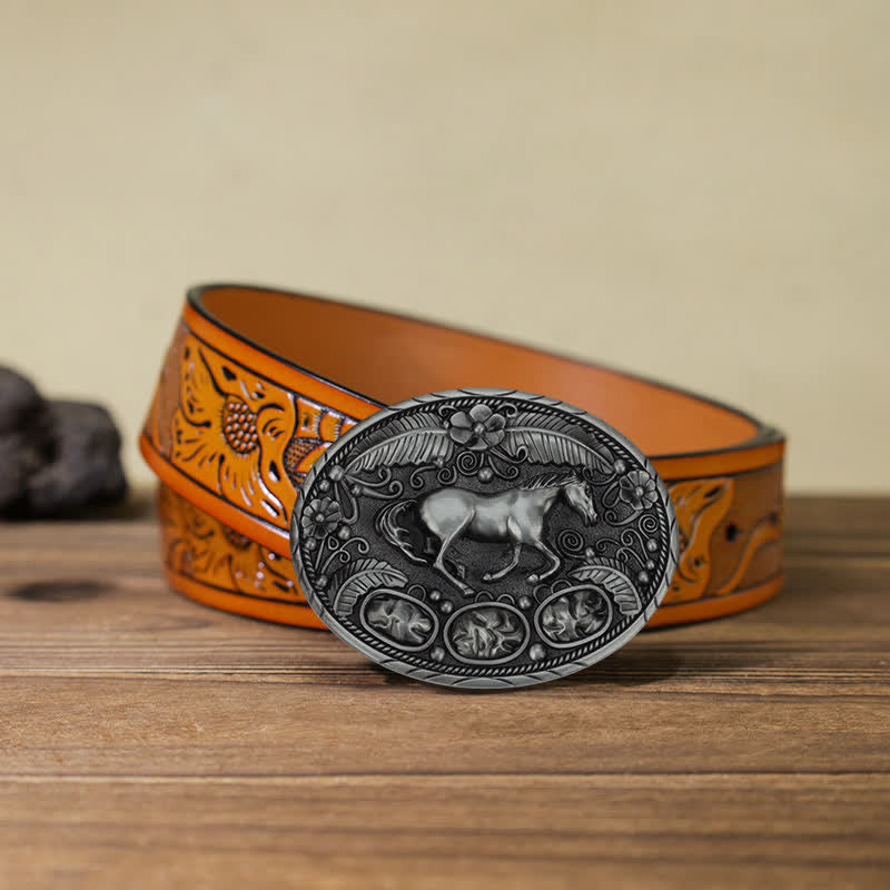 Men's DIY Horse Eagle Embossed Buckle Leather Belt - Horse - Orange Carved Belt (40) - image 23