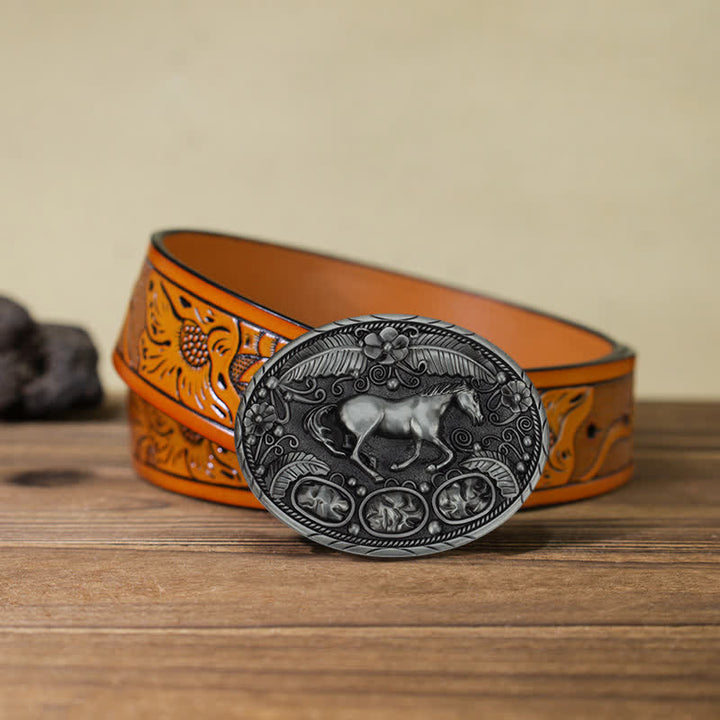 Men's DIY Horse Eagle Embossed Buckle Leather Belt - Horse - Orange Carved Belt (40) - image 23
