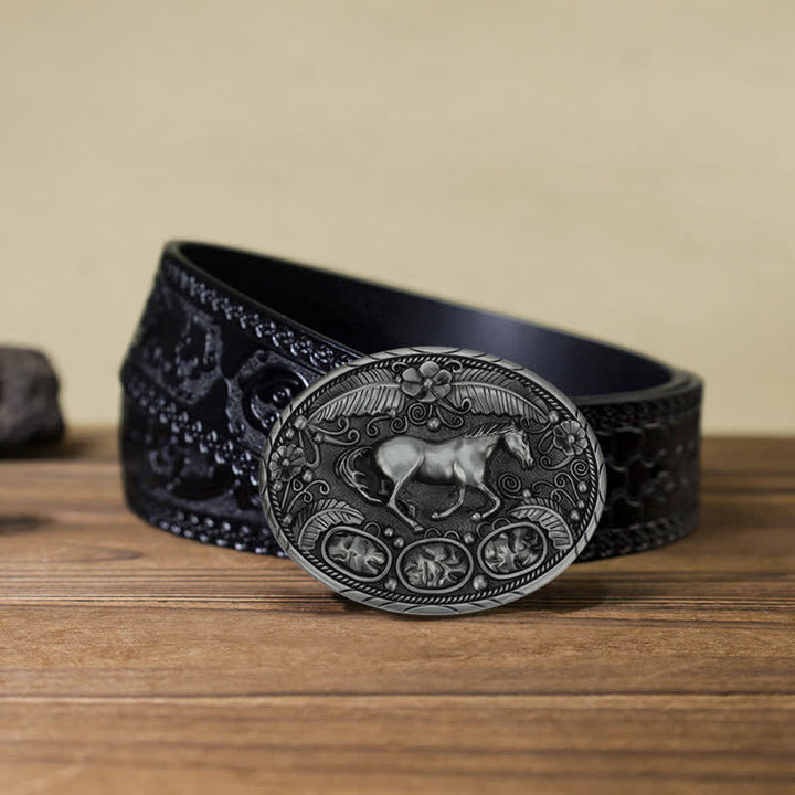 Men's DIY Horse Eagle Embossed Buckle Leather Belt - Horse - Black Carved Belt (40) - image 14