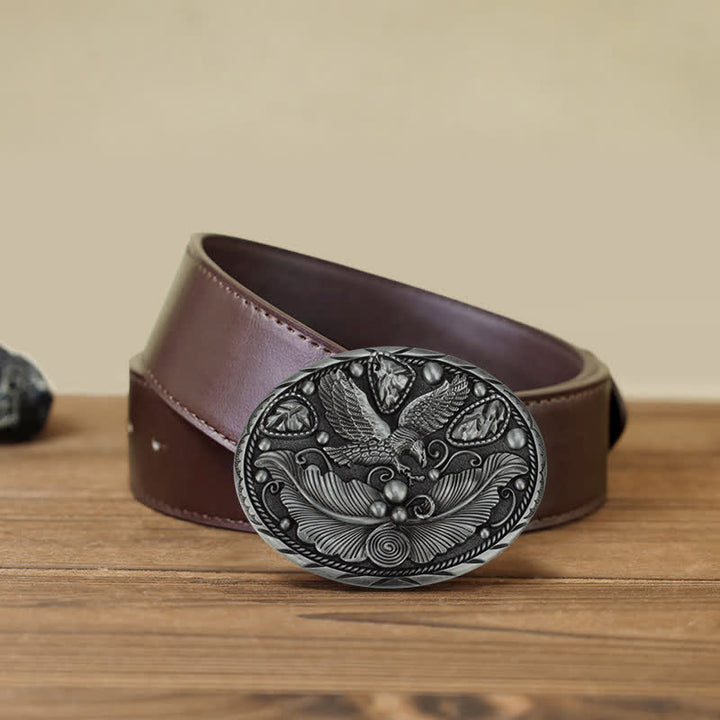 Men's DIY Horse Eagle Embossed Buckle Leather Belt - Eagle & Leaves - Brown PU Belt (40) - image 13