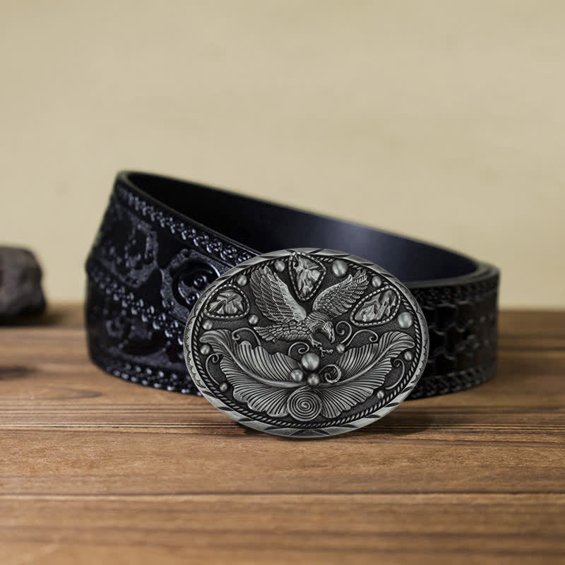 Men's DIY Horse Eagle Embossed Buckle Leather Belt - Eagle & Leaves - Black Carved Belt (40) - image 16
