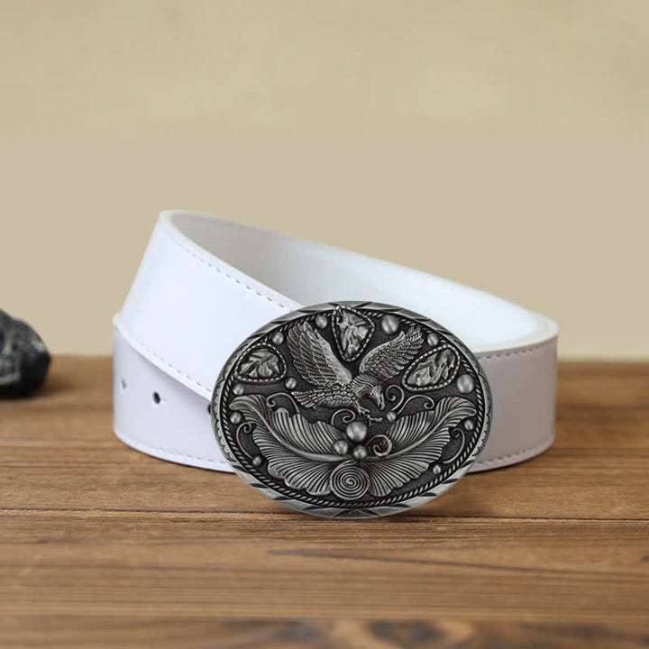 Men's DIY Horse Eagle Embossed Buckle Leather Belt - Eagle & Leaves - White PU Belt (40) - image 10