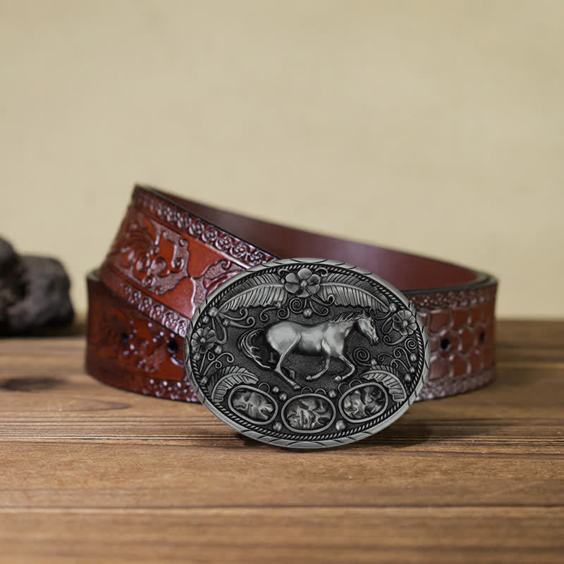 Men's DIY Horse Eagle Embossed Buckle Leather Belt - Horse - Brown Carved Belt (40) - image 17
