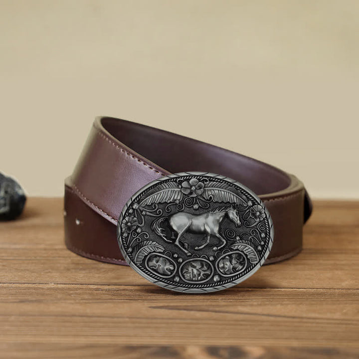 Men's DIY Horse Eagle Embossed Buckle Leather Belt - Horse - Brown PU Belt (40) - image 11