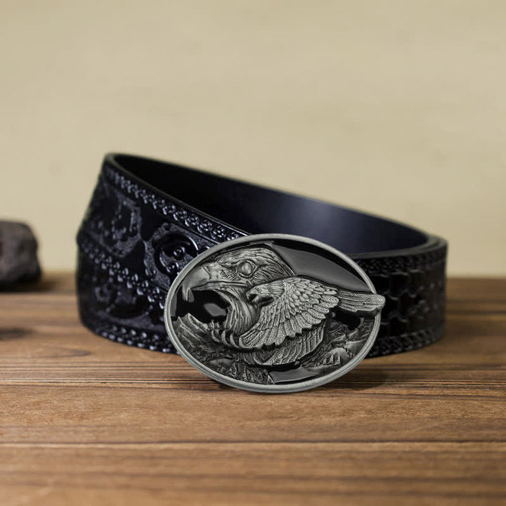 Men's DIY Double Eagle Embossed Buckle Leather Belt - Eagle - Black Carved Belt (40)) - image 10