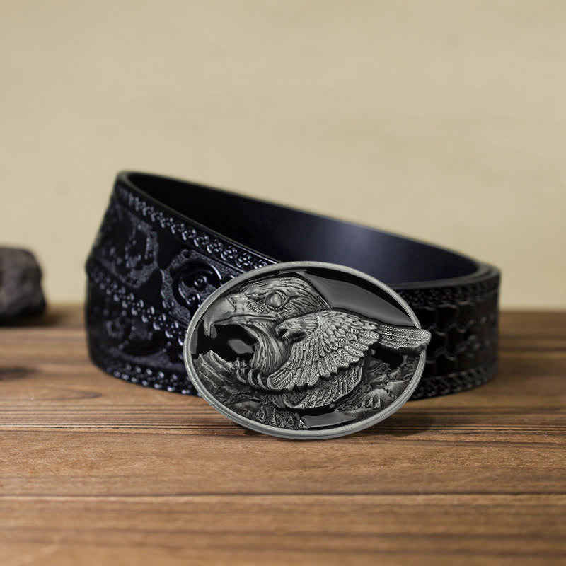 Men's DIY Double Eagle Embossed Buckle Leather Belt - Eagle - Black Carved Belt (40)) - image 10