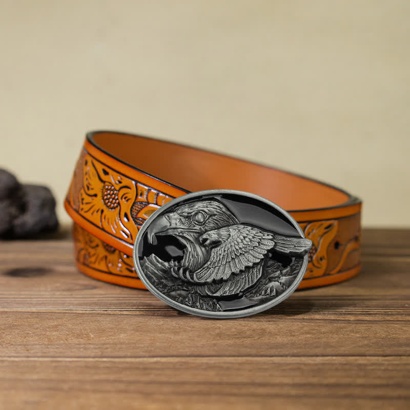 Men's DIY Double Eagle Embossed Buckle Leather Belt - Eagle - Orange Carved Belt (40) - image 16