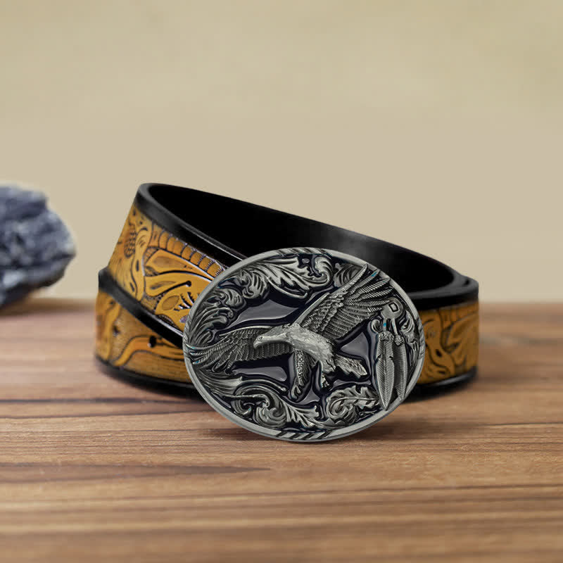 Men's DIY Eagle Leaf Enameled Oval Buckle Leather Belt - Eagle - SandyBrown Belt (40) - image 13