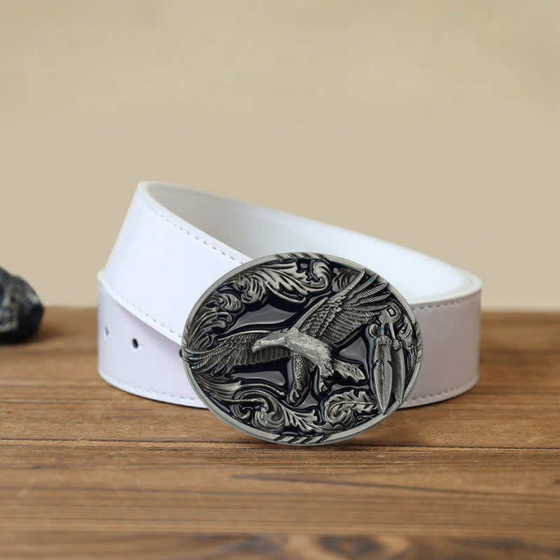 Men's DIY Eagle Leaf Enameled Oval Buckle Leather Belt - Eagle - White PU Belt (40) - image 5