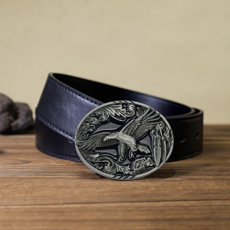 Men's DIY Eagle Leaf Enameled Oval Buckle Leather Belt - Eagle - Black PU Belt (40) - image 3