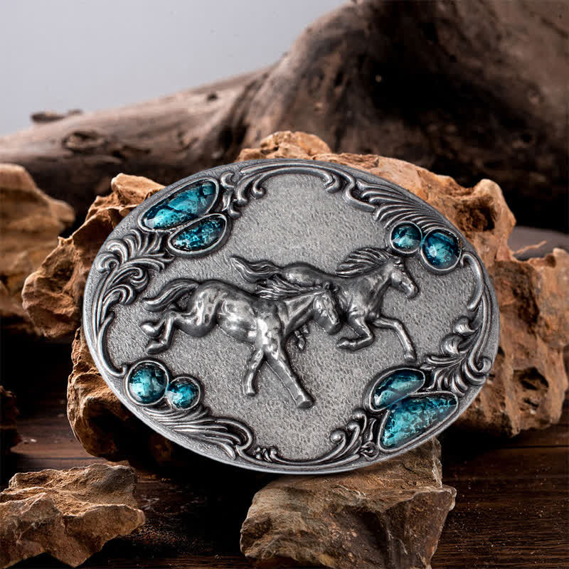 Men's DIY Running Horses Turquoise Bead Buckle Leather Belt - Antique Silver - Without Belt - image 0