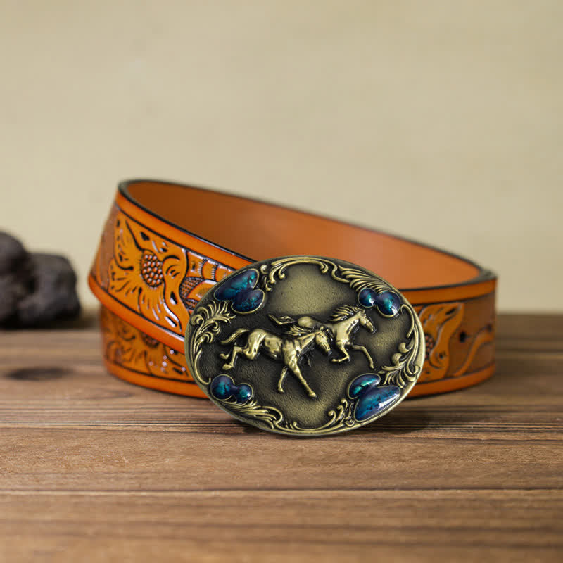 Men's DIY Running Horses Turquoise Bead Buckle Leather Belt - Antique Bronze - Orange Carved Belt (40) - image 23