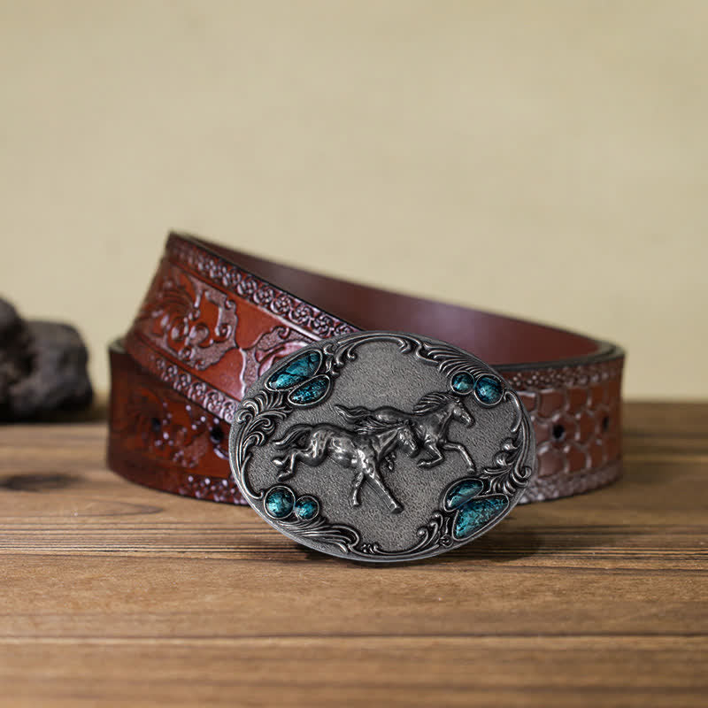 Men's DIY Running Horses Turquoise Bead Buckle Leather Belt - Antique Silver - Brown Carved Belt (40) - image 16