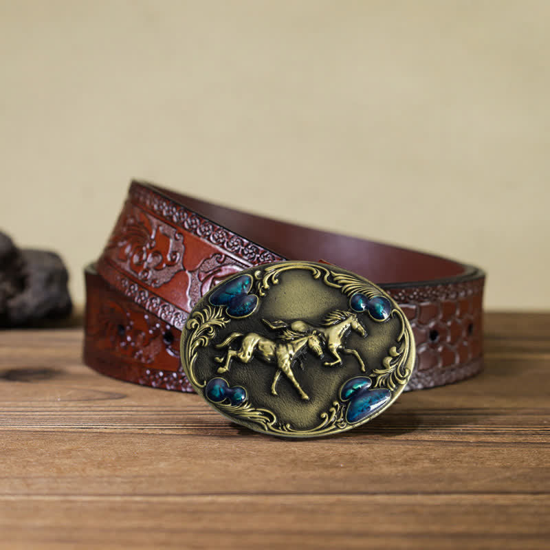 Men's DIY Running Horses Turquoise Bead Buckle Leather Belt - Antique Bronze - Brown Carved Belt (40) - image 17