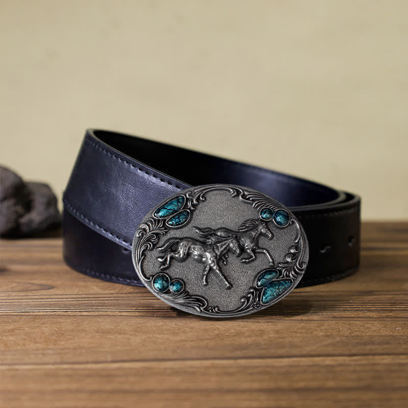Men's DIY Running Horses Turquoise Bead Buckle Leather Belt - Antique Silver - Black PU Belt (40) - image 4