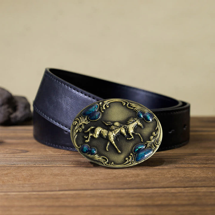 Men's DIY Running Horses Turquoise Bead Buckle Leather Belt - Antique Bronze - Black PU Belt (40) - image 5