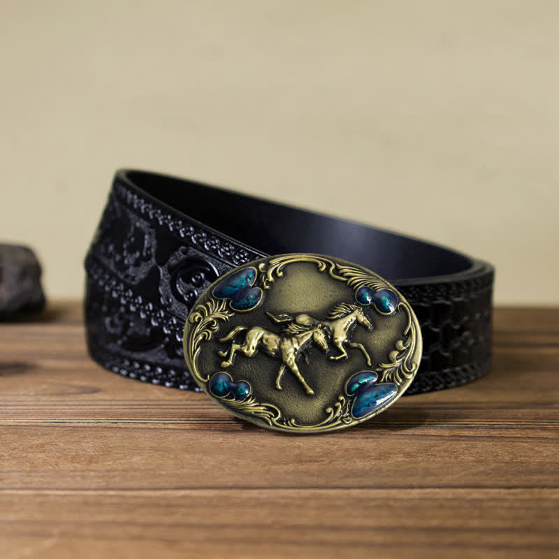 Men's DIY Running Horses Turquoise Bead Buckle Leather Belt - Antique Bronze - Black Carved Belt (40) - image 14