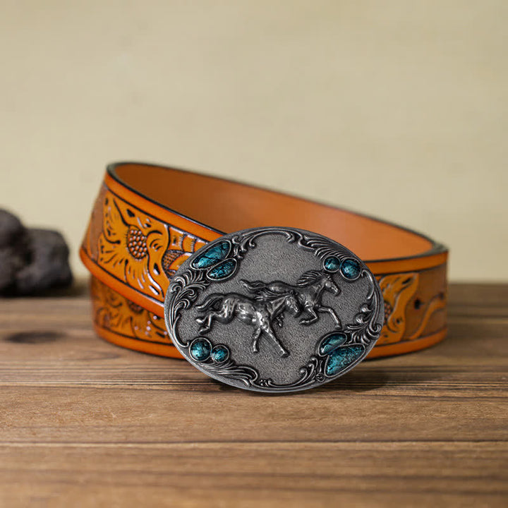 Men's DIY Running Horses Turquoise Bead Buckle Leather Belt - Antique Silver - Orange Carved Belt (40) - image 22