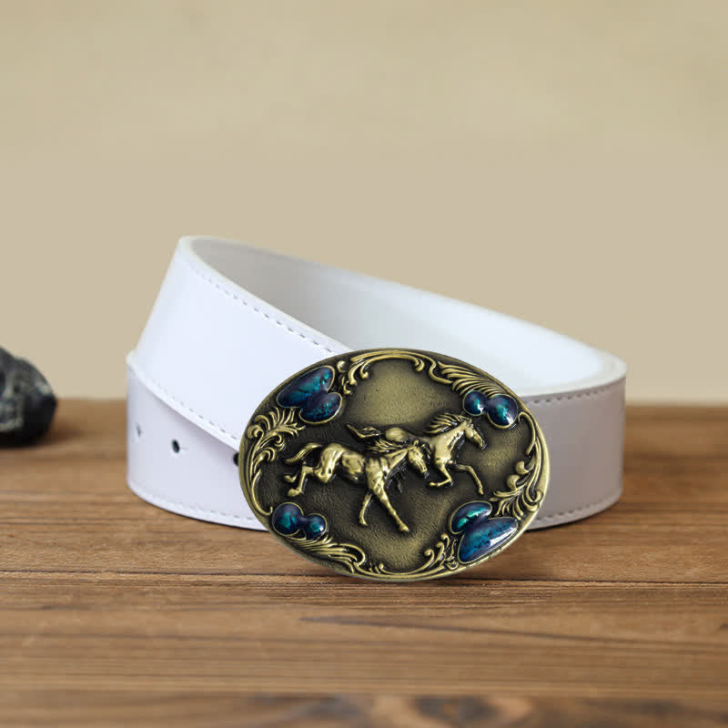 Men's DIY Running Horses Turquoise Bead Buckle Leather Belt - Antique Bronze - White PU Belt (40) - image 8