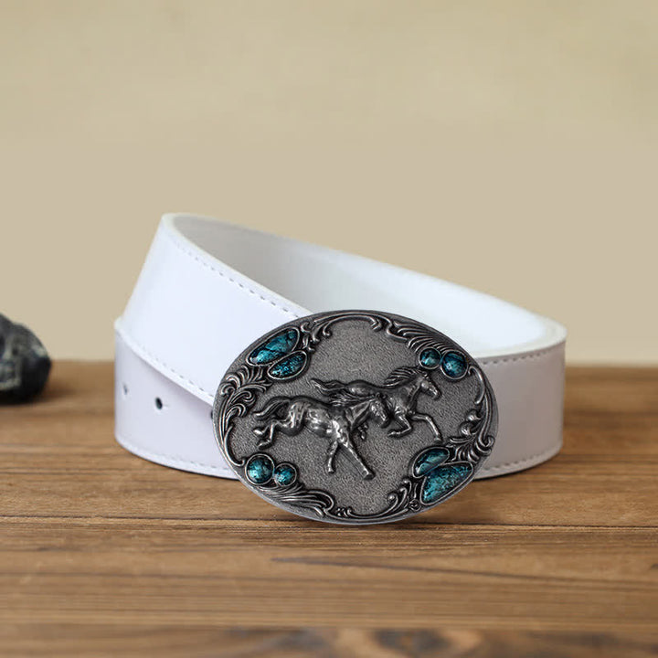 Men's DIY Running Horses Turquoise Bead Buckle Leather Belt - Antique Silver - White PU Belt (40) - image 7