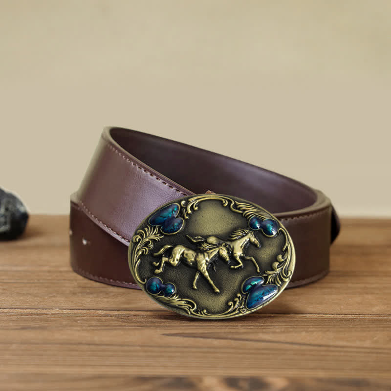 Men's DIY Running Horses Turquoise Bead Buckle Leather Belt - Antique Bronze - Brown PU Belt (40) - image 11