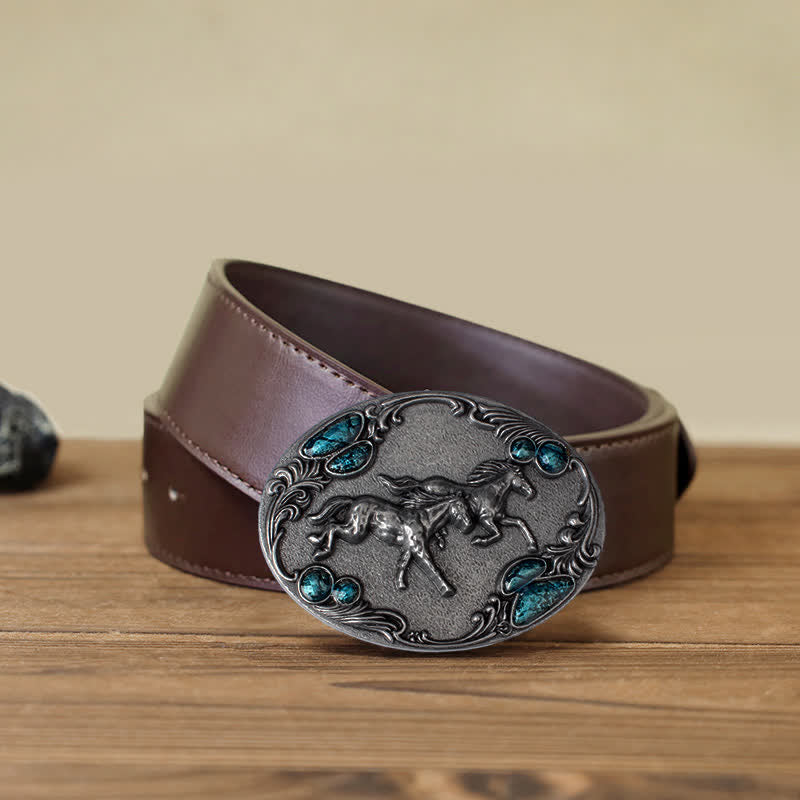 Men's DIY Running Horses Turquoise Bead Buckle Leather Belt - Antique Silver - Brown PU Belt (40) - image 10