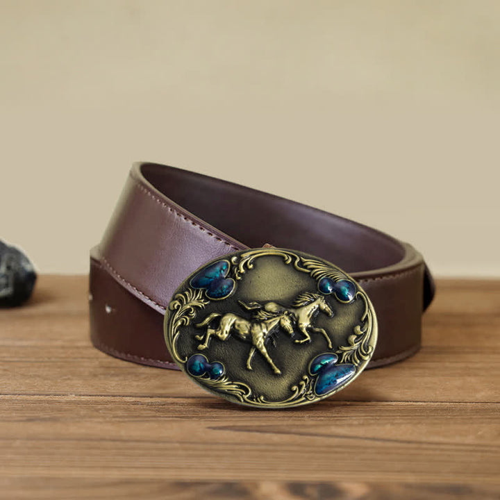 Men's DIY Running Horses Turquoise Bead Buckle Leather Belt - Antique Bronze - Brown PU Belt (40) - image 11